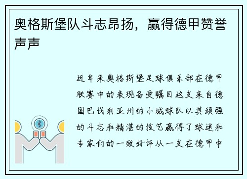 奥格斯堡队斗志昂扬，赢得德甲赞誉声声